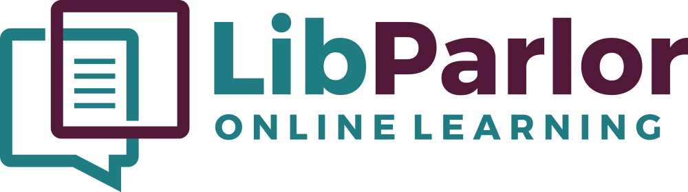 A teal speech bubble overlaps with a purple speech bubble to the left of LibParlor Online Learning