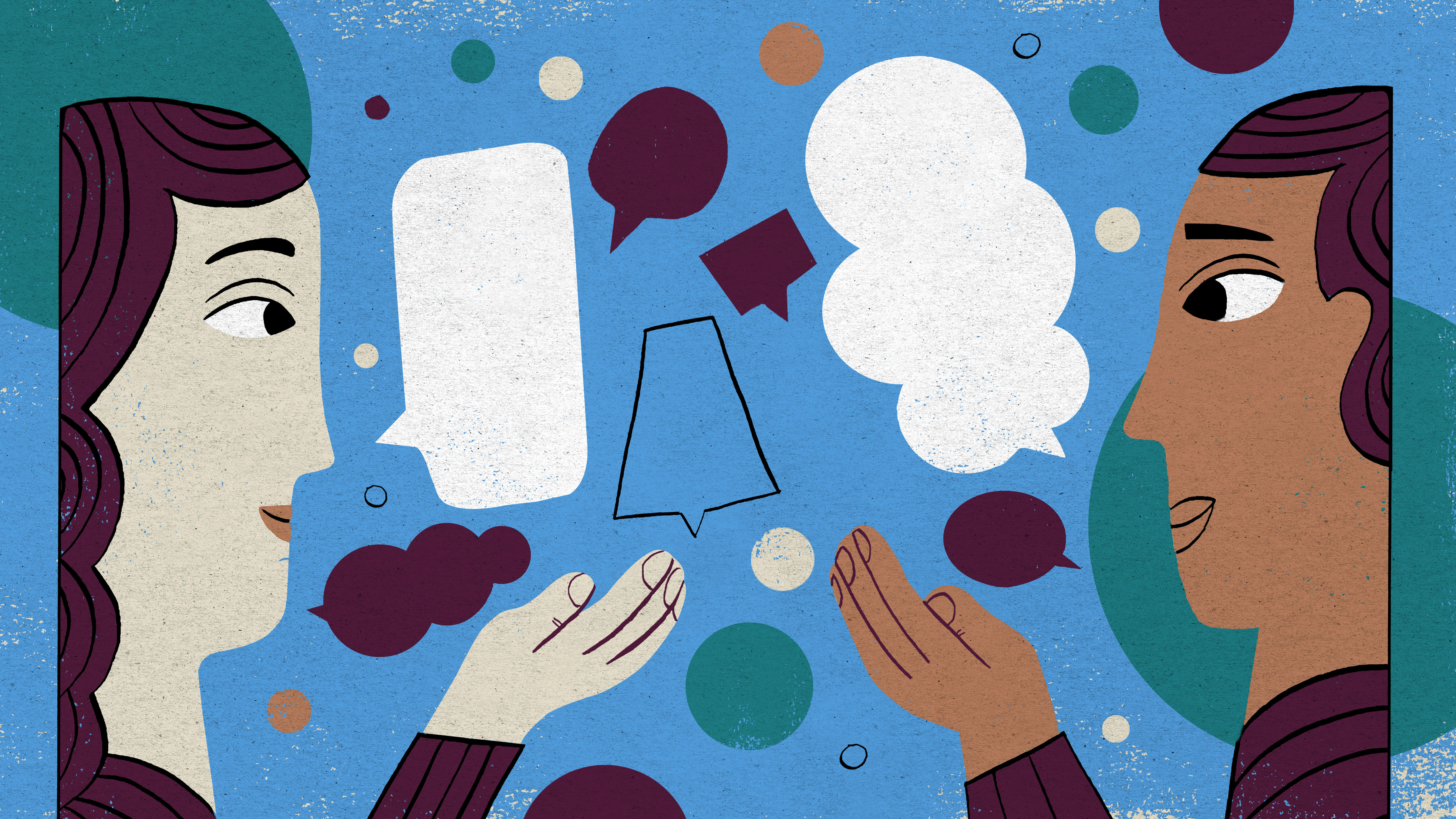 Two caricatures against a blue background talking surrounded by multicolored speech bubbles.
